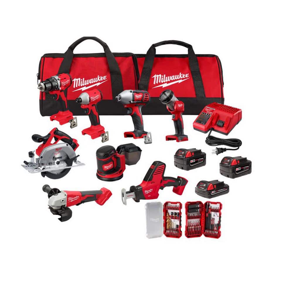 Milwaukee 3692-28S-48-32-4098 M18 18V Lithium-Ion 8-Tool Combo Kit 3 Batteries, Charger, Bag with SHOCKWAVE 75-Pc Bit Set